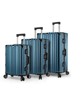 Lightweight Aluminum Frame Fashion Trolley Luggage Set of 3 Polycarbonate Hard Case Suitcase with 4 Quite 360° Double Spinner Wheels CP001 Dark Blue 