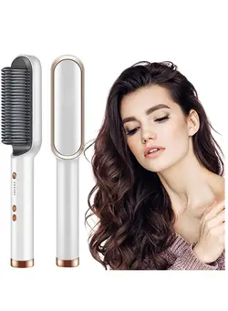 Hair Straightener Brush Iron With Built-In Comb 20s Fast Heating And 5 Temp Settings Anti-Scald For Professional Salon Home White 