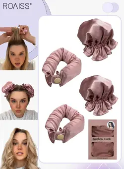 4Pcs New Satin Heatless Hair Curler, Hair Rollers for Heatless Curls with Hair Caps, Soft Curling Rod Headband for Long Hair, Curling Set for Sleep in Overnight (Pink) 