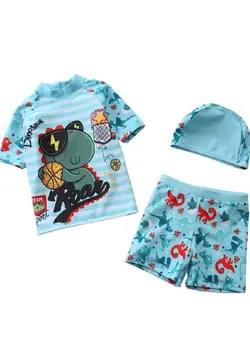 شنا مایو 3-piece fashionable boy cartoon printed one piece swimsuit short sleeved sun protection children's water sports with hat 80-90cm 
