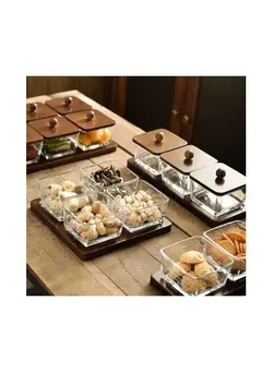 قاشق و چنگال ست قاشق و چنگال Square Glass snack plate with bamboo lid, dessert separated platter - divided dried fruit bowl / container 
