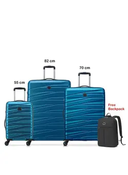 چمدان و ساک مسافرتی ست چمدان Delsey Tiphanie 55+70+82cm Hardcase 4 Double Wheel Expandable Cabin & Check-In Luggage Trolley Set Steel Blue + FREE Delsey Agreable Backpack 