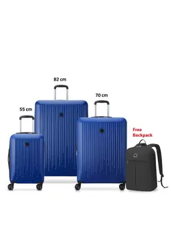 چمدان و ساک مسافرتی ست چمدان Delsey Christine 55+70+82cm Hardcase 4 Double Wheel Expandable Cabin & Check-In Luggage Trolley Set Klein Blue + FREE Delsey Agreable Backpack 