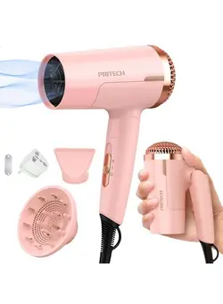 لوازم و مواد فرم‌دهی مو سشوار Dual Voltage Hair Dryer With Diffuser Pritech Travel Diffuser Hair Dryer Foldable Compact Blow Dryer With Concentrator 1200W Hairdryer Mini Lightweight Ionic Professional With European Plug Travel Bag 