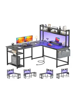 بازی کامپیوتری و کنسول سایر Reversible L-Shaped Corner Computer Desks Gaming Desk with Storage Shelf & Monitor Stand, Modern Home Office Desk Writing Desk Modular Dombination Desk Shaped Desk with Power Outlet  LED Strip 