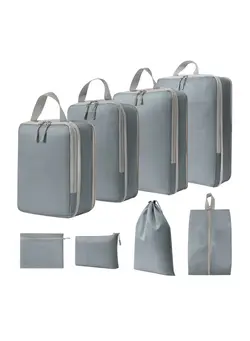 چمدان و ساک مسافرتی ست چمدان Compression Packing Cubes for Travel, Suitcases Essentials 8 Set Expandable Waterproof Travel Bags Organizer for Luggage Compression Bags Travel Essentials + Shoe Bag, Laundry Bag (8pcs-Grey) 