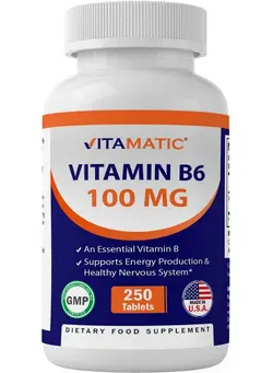 ویتامین و ساپلیمنت مکمل‌های گوارشی Vitamin B6 (Pyridoxine Hci) 100Mg 250 Vegetarian Tablets Promotes Energy Production Boosts Metabolism And Immune Health Support