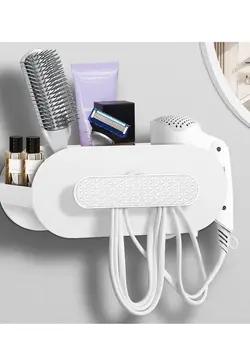 لوازم و مواد فرم‌دهی مو سشوار Hair Dryer Holder, Bathroom Organization, Hair Tool Organizer Wall Mount, Tray Stand Storage Bathroom Vanity Countertop with 3 Holes, White 