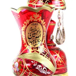 شمعدان با شعار السلام علیک یا اباعبدالله الحسین و یا علی بن موسی الرضا ارتفاع 50 سانتیمتر رنگ قرمز کمر باریک