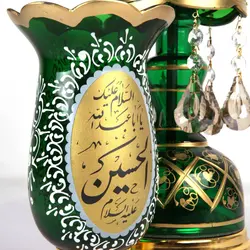 شمعدان با شعار السلام علیک یا اباعبدالله الحسین و یا صاحب الزمان ارتفاع 50 سانتیمتر رنگ سبز