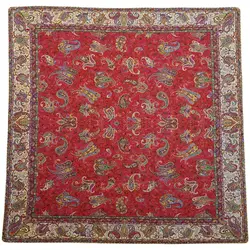 رومیزی مربع ترمه ابریشم کد TRM202 نفیس رنگ قرمز آستر زرشکی لبه مغزی دوزی