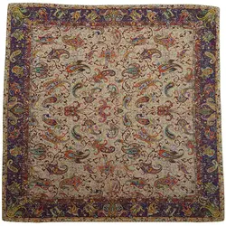 رومیزی مربع ترمه ابریشم کد TRM201 نفیس رنگ کرم تیره آستر شکلاتی لبه مغزی دوزی