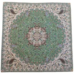 رومیزی مربع ترمه ابریشم کد TRM215 نفیس رنگ سبز آستر سبز تیره لبه مغزی دوزی