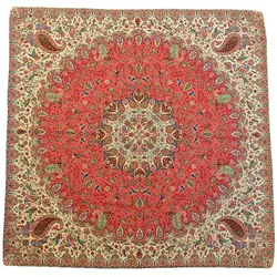 رومیزی مربع ترمه ابریشم کد TRM214 نفیس رنگ قرمز کمرنگ مات آستر زرشکی لبه مغزی دوزی