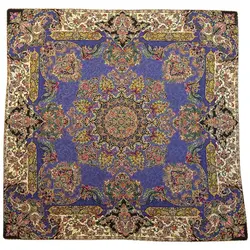 رومیزی مربع ترمه ابریشم کد TRM218 نفیس رنگ سرمه ای آستر سرمه ای لبه مغزی دوزی