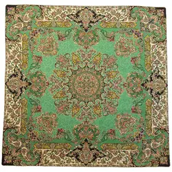 رومیزی مربع ترمه ابریشم کد TRM217 نفیس رنگ سبز کمرنگ آستر سبز لبه مغزی دوزی