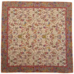 رومیزی مربع ترمه ابریشم کد TRM194 نفیس رنگ کرم کمرنگ آستر کرم لبه مغزی دوزی