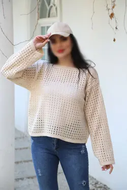 بلوز بافت کوتاه یقه قایقی قلاب بافی آستین بلند کد1780