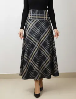 دامن بلند نیم کلوش کمر پهن بدون چاک طرح خط مورب زنانه کد 292