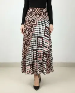 دامن بلند نیم کلوش نخی شطرنجی کمر پهن آستر دار زنانه کد 0231