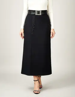 دامن راسته بلند کتان کش کمر دار زنانه مشکی قد 95 برند sakkon کد 3605