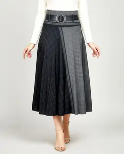 دامن بلند نیم کلوش فاستونی کج راه کمر دار طرح لوزی زنانه کد68828