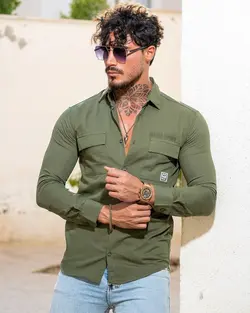 پیراهن کتان دو جیب آستین بلند