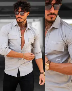 پیراهن کتان دو جیب آستین بلند