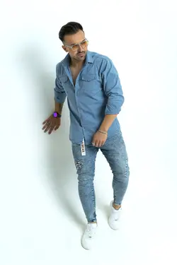 پیراهن کتان آستین بلندآبی روشن کد 11073 - فروشگاه پوشاک M2Mode