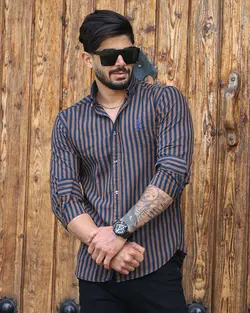 پیراهن مردانه آستین بلند راه راه پولو قهوه ای کد 10116 - فروشگاه پوشاک M2Mode