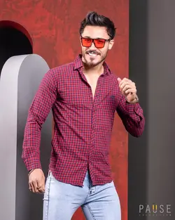 پیراهن مردانه آستین بلند چهارخانه ریز قرمز کد 9921 - فروشگاه پوشاک M2Mode