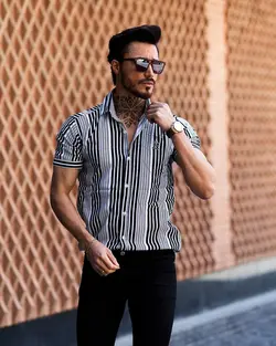 پیراهن مردانه آستین کوتاه راه راه LIFE مشکی کد 10330 - فروشگاه پوشاک M2Mode