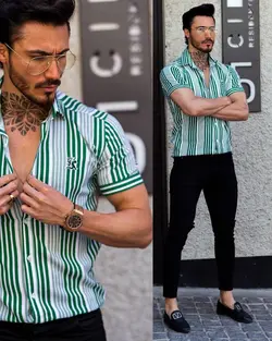 پیراهن مردانه آستین کوتاه راه راه LIFE سبز کد 10328 - فروشگاه پوشاک M2Mode