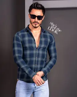 پیراهن مردانه آستین بلند چهارخانه سرمه ای سبز کد 9917 - فروشگاه پوشاک M2Mode