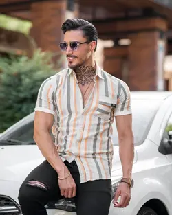 پیراهن مردانه کنفی آستین کوتاه راه راه سفید نارنجی کد10608 - فروشگاه پوشاک M2Mode