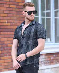 پیراهن مردانه آستین کوتاه راه راه ریتون مشکی کد 10214 - فروشگاه پوشاک M2Mode