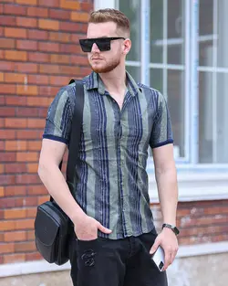 پیراهن مردانه آستین کوتاه راه راه ریتون سبز کد 10212 - فروشگاه پوشاک M2Mode