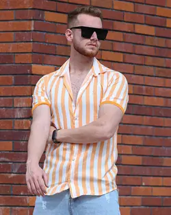 پیراهن مردانه آستین کوتاه راه راه DIGIT سفید نارنجی کد 10182 - فروشگاه پوشاک M2Mode