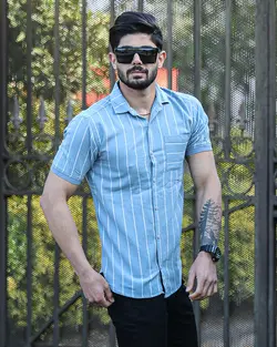 پیراهن مردانه آستین کوتاه راه راه RITON طوسی آبی کد 10092 - فروشگاه پوشاک M2Mode