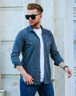 پیراهن کتان دوجیب آستین بلند