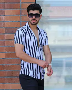 پیراهن مردانه آستین کوتاه راه راه جدید سفید سرمه ای کد 8137 - فروشگاه پوشاک M2Mode