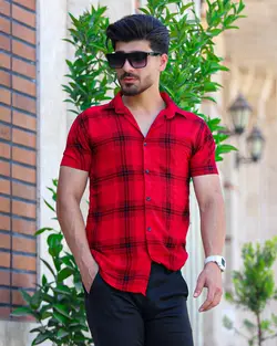 پیراهن مردانه آستین کوتاه چهارخانه جدید مشکی قرمز کد 8041 - فروشگاه پوشاک M2Mode