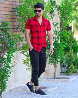 پیراهن مردانه آستین کوتاه چهارخانه جدید مشکی قرمز کد 8041 - فروشگاه پوشاک M2Mode