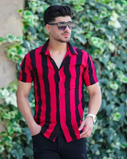 پیراهن مردانه آستین کوتاه راه راه درشت مشکی قرمز کد 7588 - فروشگاه پوشاک M2Mode