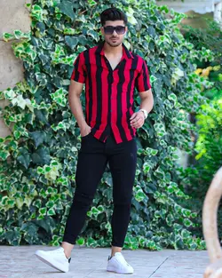 پیراهن مردانه آستین کوتاه راه راه درشت مشکی قرمز کد 7588 - فروشگاه پوشاک M2Mode