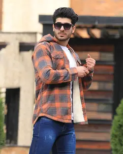 پیراهن چهارخانه پشمی داخل خز نارنجی کد 5666 - فروشگاه پوشاک M2Mode