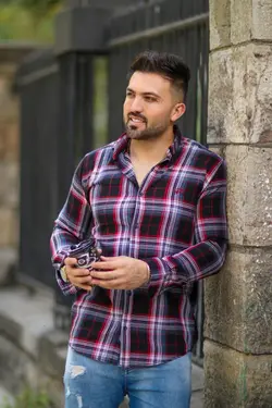 پیراهن مردانه چهارخانه مشکی قرمز 