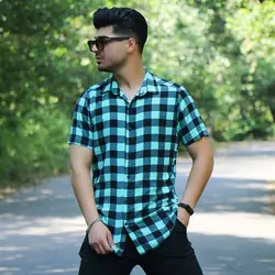 پیراهن مردانه آستین کوتاه چهارخانه درشت مشکی _ فیروزه ای کد 3730 - فروشگاه پوشاک M2Mode