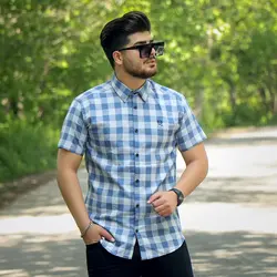 پیراهن مردانه آستین کوتاه چهارخانه MC سفید _ آبی کد 2329 - فروشگاه پوشاک M2Mode