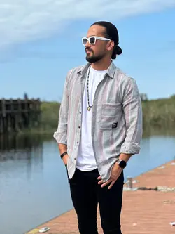 پیراهن آستین بلند راه راه درشت طوسی زرشکی کد 11228 - فروشگاه پوشاک M2Mode